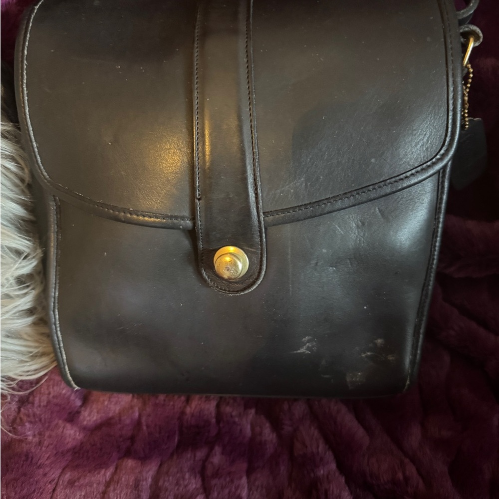 Vintage Black Leather Bag with Gold Accent